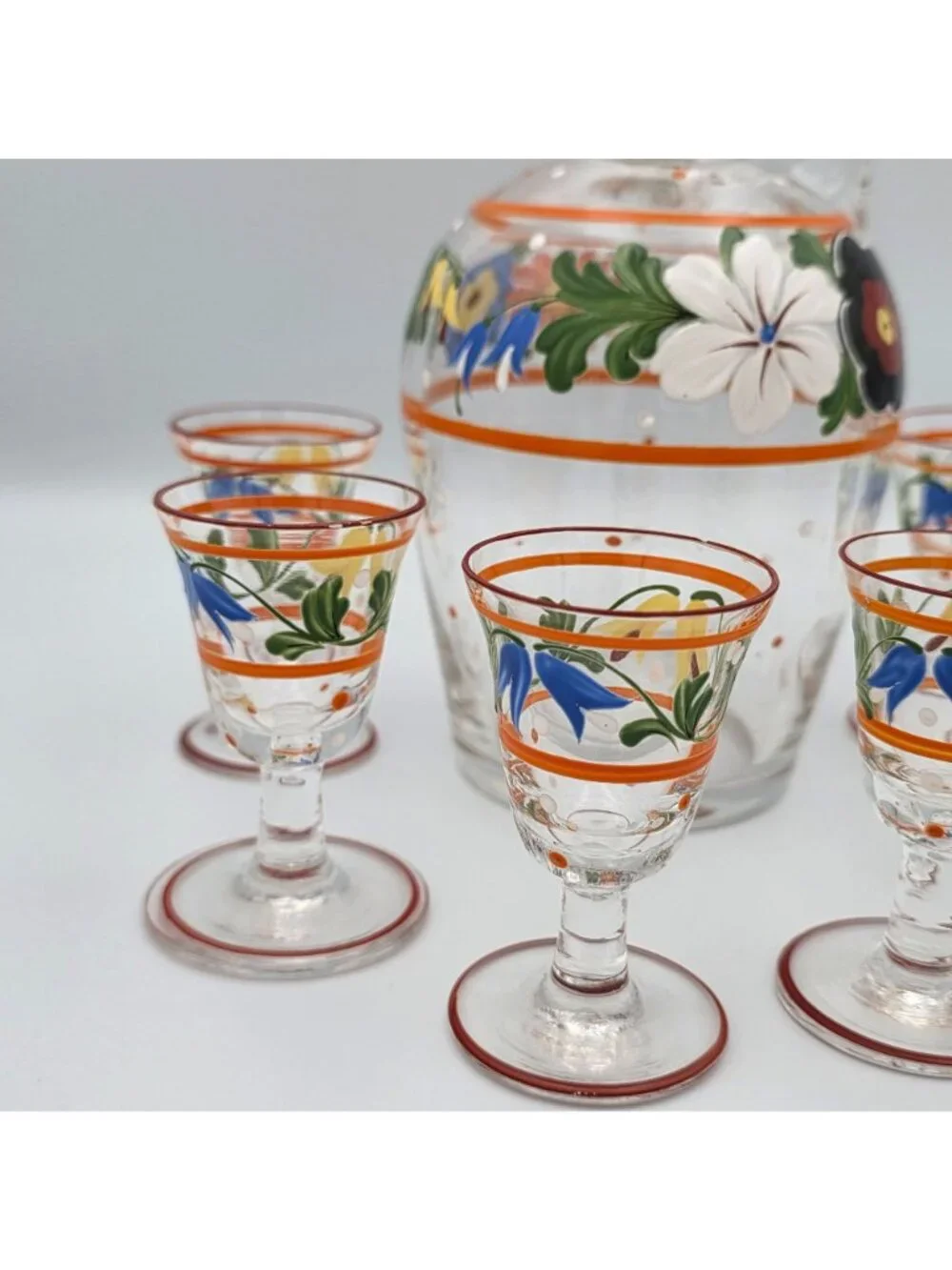 Hand-Painted Glass Decanter Enamel Flowers Stopper & 6 Shot Glasses Art Deco